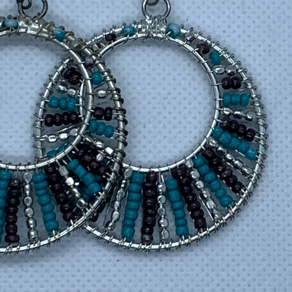 Turquoise, Silver, Black Beaded Silver Tone Hoop Earrings